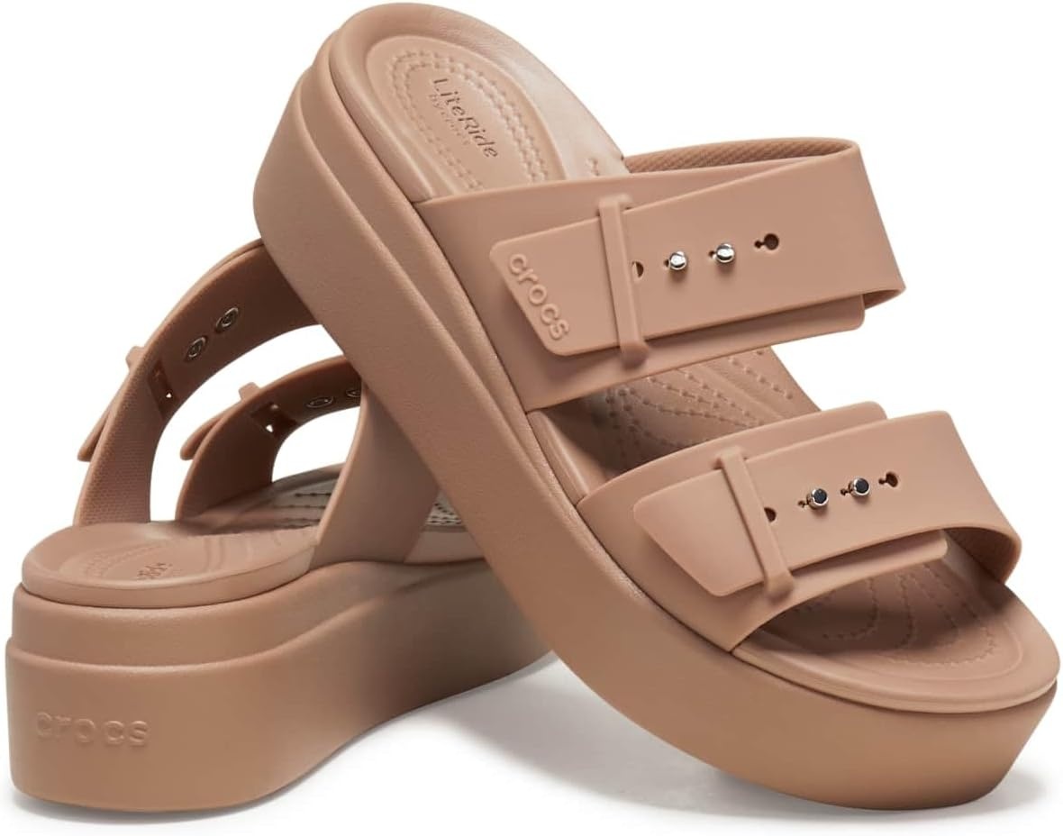 image:imageCrocs Womens Brooklyn Buckle Low WedgesLatte