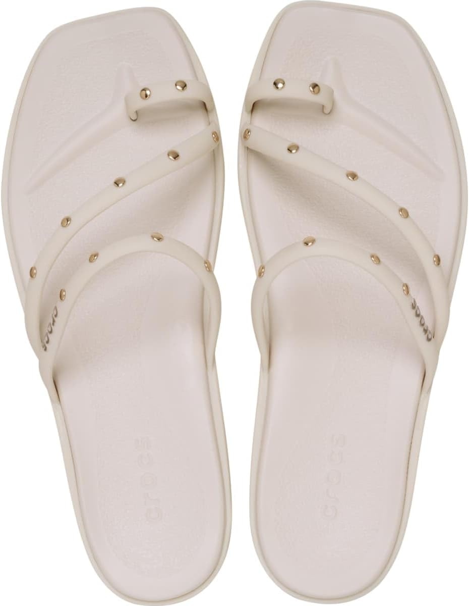 image:imageCrocs Womens Miami Toe Loop Sandals Square Toe Flat Flexible Straps Croslite Foam FootbedAlmond Tint