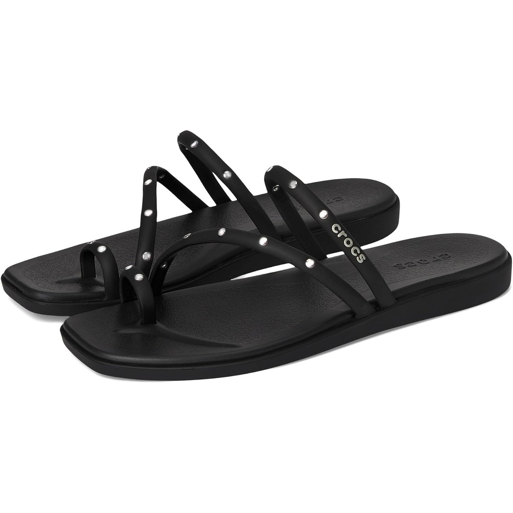 image:imageCrocs Womens Miami Toe Loop Sandals Square Toe Flat Flexible Straps Croslite Foam FootbedBlack Studs