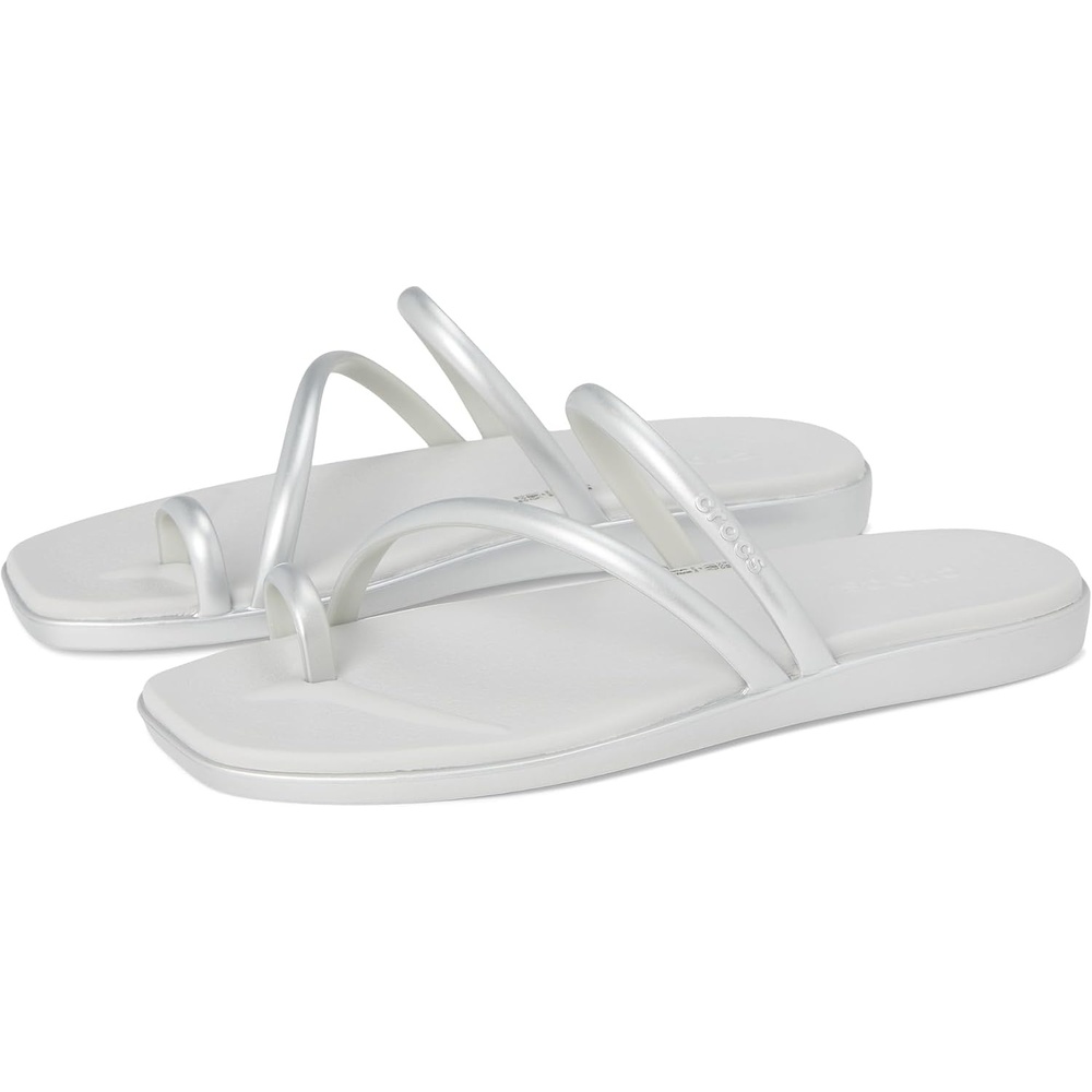 image:imageCrocs Womens Miami Toe Loop Sandals  Square Toe Flat  Flexible Straps  Croslite Foam FootbedMetallic Silver