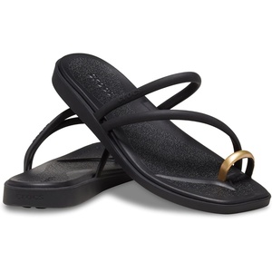 Crocs Women’s Miami Toe Loop Sandals | Square Toe Flat | Flexible Straps | Croslite Foam Footbed(Metallic Black)