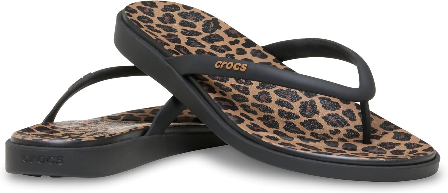 image:imageCrocs Womens Miami Round Toe Flip Flops Flexible Straps 360 Degree Comfort Croslite Foam FootbedBlackSepiaLeopard