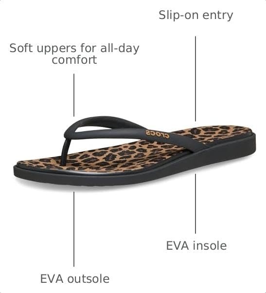 image:imageCrocs Womens Miami Round Toe Flip Flops Flexible Straps 360 Degree Comfort Croslite Foam FootbedBlackSepiaLeopard