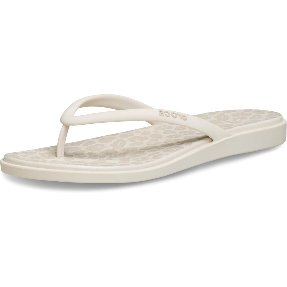 image:imageCrocs Womens Miami Round Toe Flip Flops  Flexible Straps  360 Degree Comfort  Croslite Foam FootbedAlmond TintLeopard