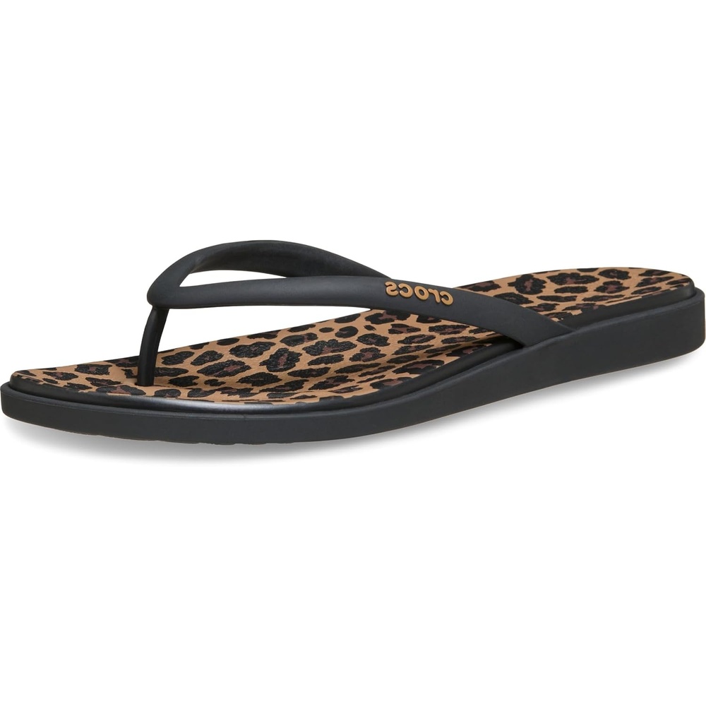 image:imageCrocs Womens Miami Round Toe Flip Flops Flexible Straps 360 Degree Comfort Croslite Foam FootbedBlackSepiaLeopard