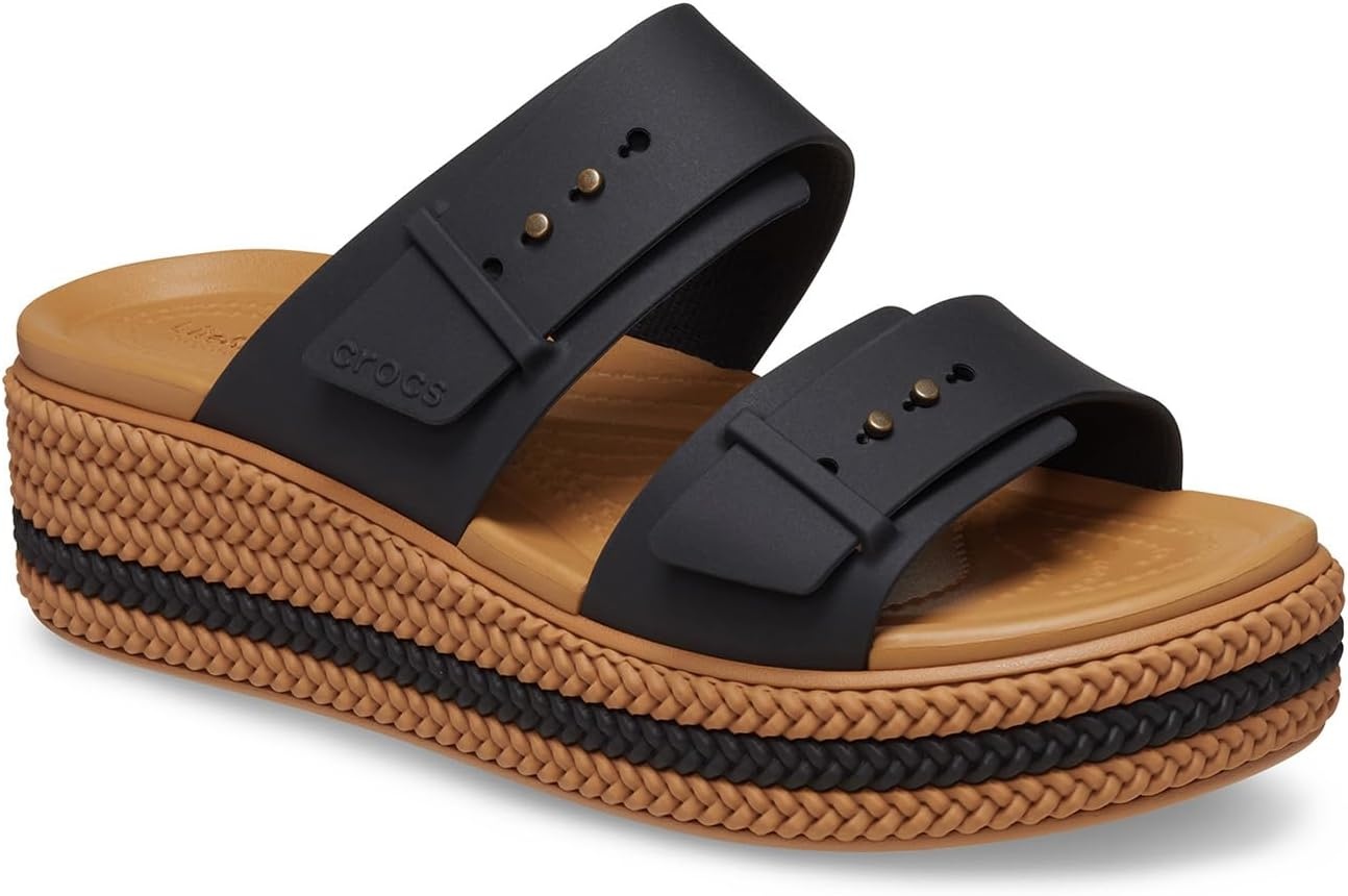 image:imageCrocs Womens Brooklyn Buckle Low Wedges Black 8 Medium